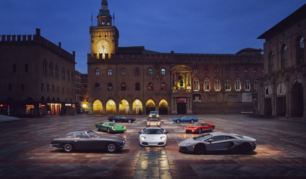 Lamborghini cars in Piazza Maggiore, Bologna, Emilia Romagna, Italy 